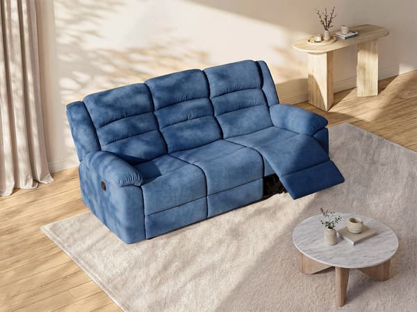Vente-unique - 3-sits elektrisk reclinersoffa i blått tyg BUROLO