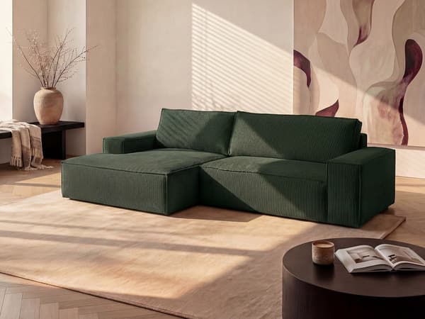 Vente-unique - Bäddsoffa vänsterställd i grön manchester AMELIA