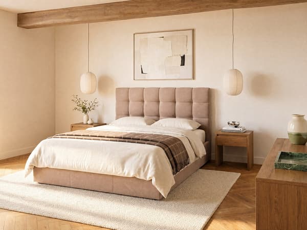 Vente-unique - Säng med förvaring 200 x 200 cm - Sammet - Beige - MIRDAL