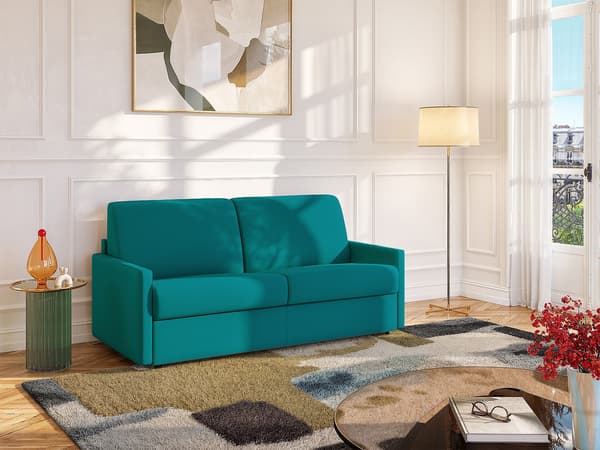 Vente-unique - 3-sits bäddsoffa express i turkosblått tyg – Sovbredd 140 cm – Madrass 14 cm CALIFE