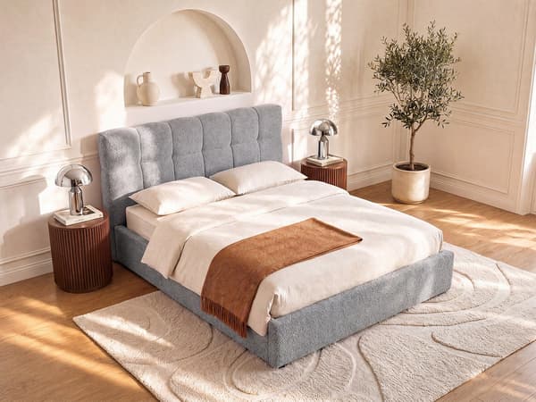 Vente-unique - Sängram med förvaring 140 x 190 cm - Bouclé tyg - Grå - MAZIRI