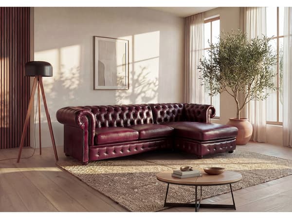 Vente-unique - Chesterfield hörnsoffa högerställd bordeaux buffelläder BRENTON