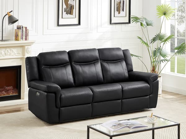 Vente-unique - 3-sits elreclinersoffa i svart läder med bord KENNETH