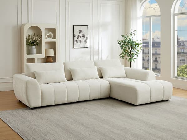 Vente-unique - Höger vinkelformad soffa med uppfällbart ryggstöd i beige texturerad textil FABARTO