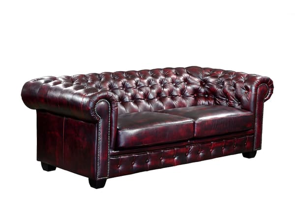 Vente-unique - 3-sits Chesterfieldsoffa i bordeaux buffelläder BRENTON