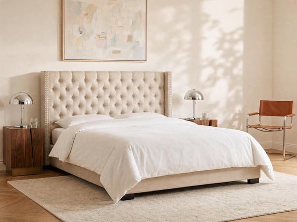 Vente-unique - Säng 200 x 200 cm med Vadderad sänggavel - Tyg - Beige - MASSIMO