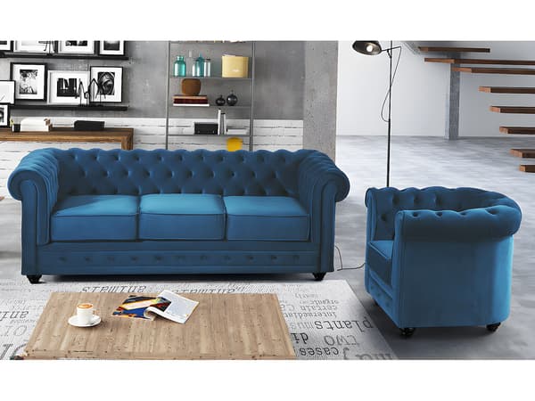 Vente-unique - 3-sitssoffa och fåtölj CHESTERFIELD - Petrolblå sammet