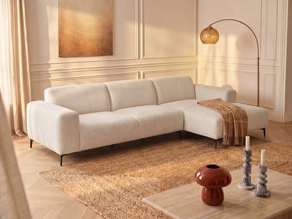 Vente-unique - Högervänd hörnsoffa i texturerat beige tyg SAPIGO