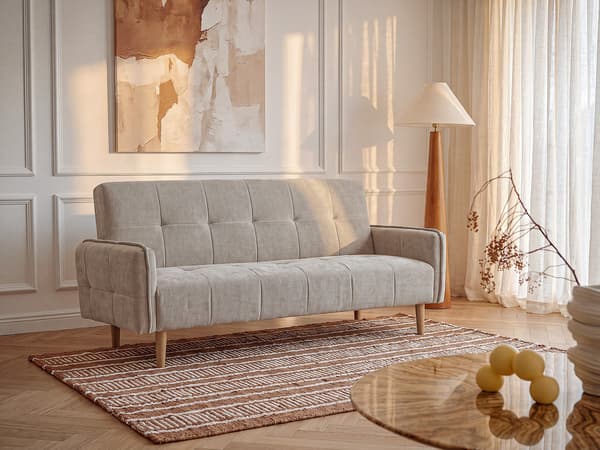 Vente-unique - 3-sits bäddsoffa med klickklappmekanism i beige tyg SONIATA