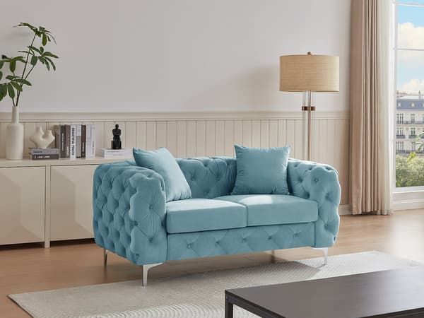Vente-unique - EDWINA 2-sits Chesterfield-soffa i pastellblå sammet