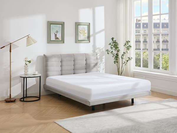 Vente-unique - Säng 140 x 190 cm med Vadderad sänggavel - Sammet - Grå - NISATIO