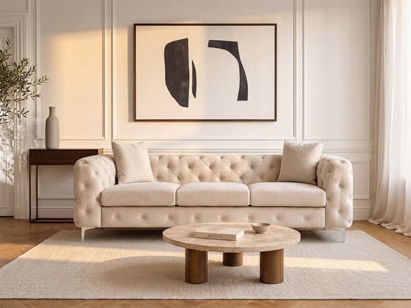 Vente-unique - 3-sits chesterfieldsoffa beige sammet EDWINA