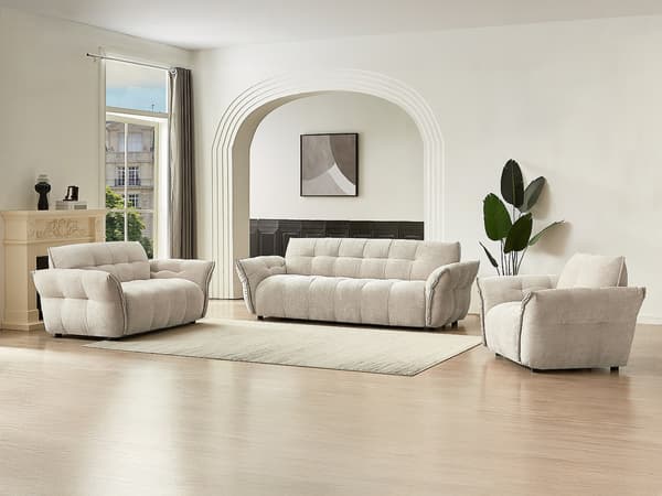 Vente-unique - NAPIZO 3-sitssoffa, 2-sitssoffa och fåtölj i beige melerat tyg