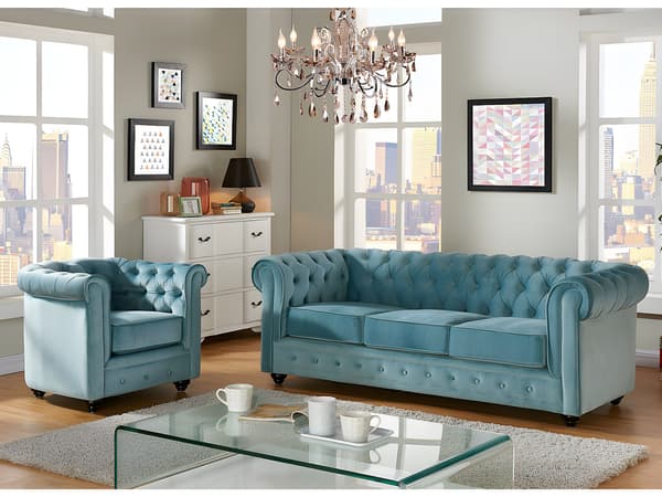 Vente-unique - 3-sitssoffa och fåtölj CHESTERFIELD - Pastellblå sammet