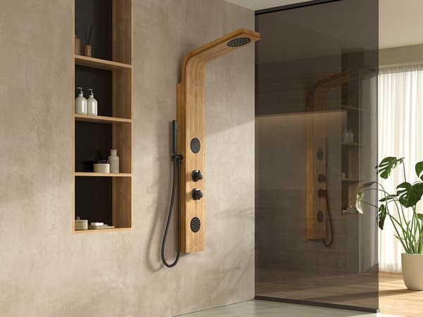 Vente-unique - Hydromassageduschelement i bambu - Mekanisk blandare - D53 x H140 cm - NEVOLA