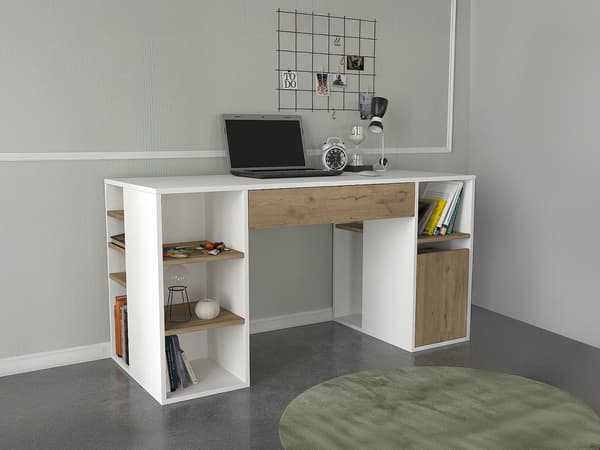Vente-unique - Skrivbord med förvaring  vit och natur MELAVA