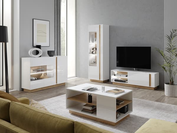 Vente-unique - Skänk MURARI - 3 dörrar - Med LEDs - Högglans vit och ek