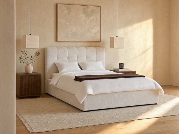 Vente-unique - Sängram med förvaring 180 x 200 cm - Bouclé-tyg - Vit - MAZIRI