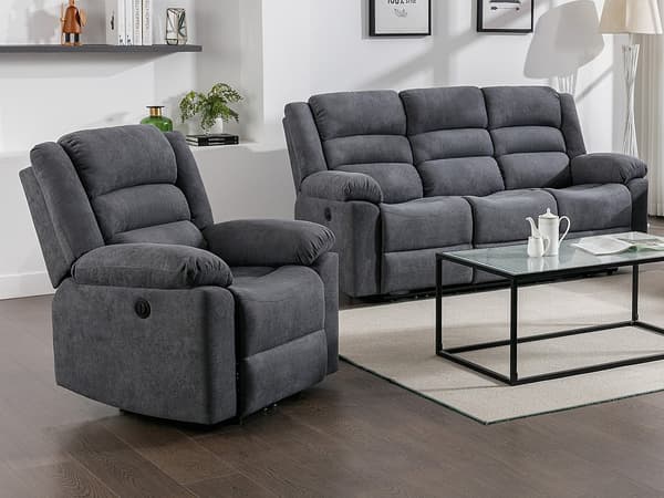 Vente-unique - Elektriskt 3-sits reclinersoffa och fåtölj grått tyg BUROLO