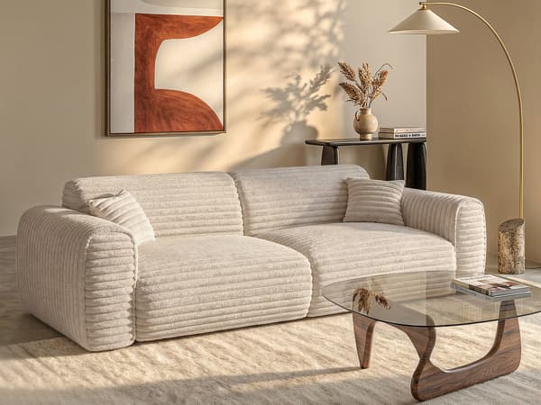 Vente-unique - 4-sits bäddsoffa i manchester med breda ränder i beige POGNIA