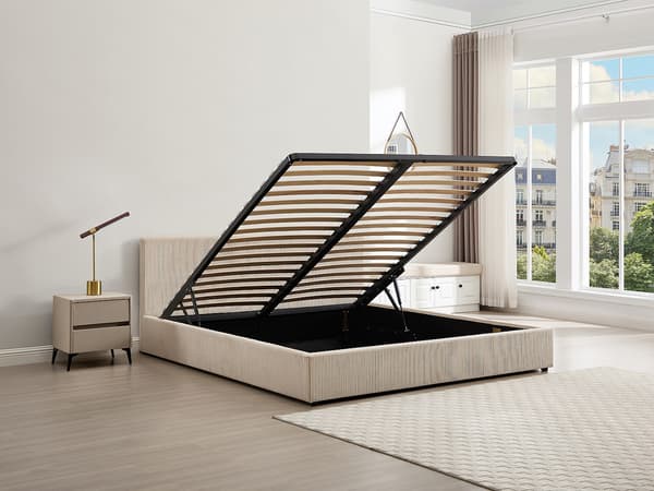 Vente-unique - Säng med förvaring 200 x 200 cm - Ribbad sammet - Krämvit - VALME