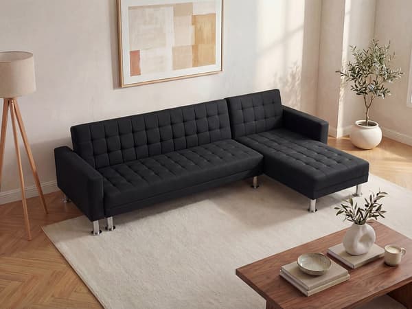 Vente-unique - Bäddsoffa med schäslong vändbar i svart tyg WILLIS II