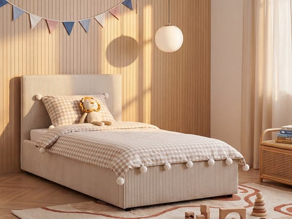 Vente-unique - Säng med förvaring 90 x 190 cm - Ribbad sammet - Krämvit - VALME