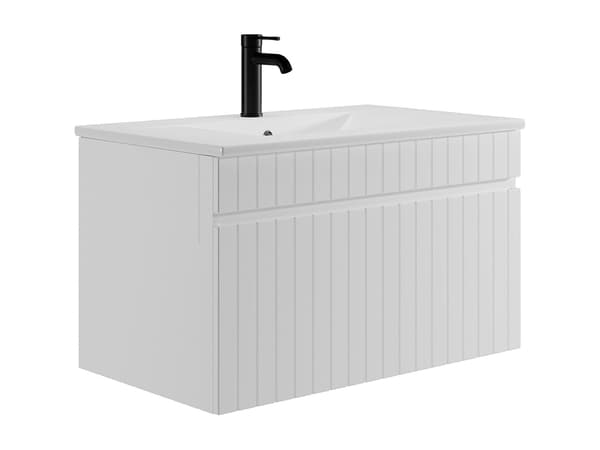 Vente-unique - Väggmonterad badrumsmöbel i vit randig vit med nedsänkt handfat - 80 cm - SATARA
