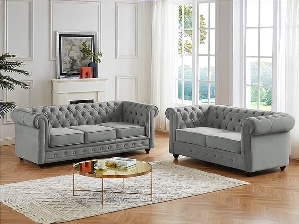 Vente-unique - 3-sits och 2-sitssoffa i ljusgrå sammet CHESTERFIELD