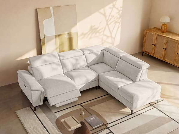 Vente-unique - Högervänd hörnsoffa med elektrisk recliner i beige melerade tyget CADILO