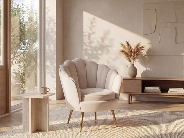 Vente-unique - LALEA snäckformad fåtölj i beige sammet