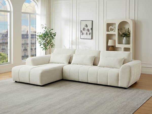 Vente-unique - Vänstervänd hörnsoffa med uppfällbart ryggstöd i beige texturerat tyg FABARTO
