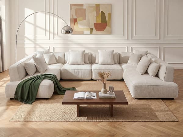 Vente-unique - Vänstervänd schäslong i beige chenilletyg LELACO