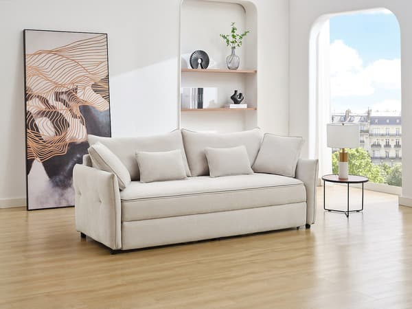 Vente-unique - SITALA 3-sits bäddsoffa i beige tyg med memoryskumsits