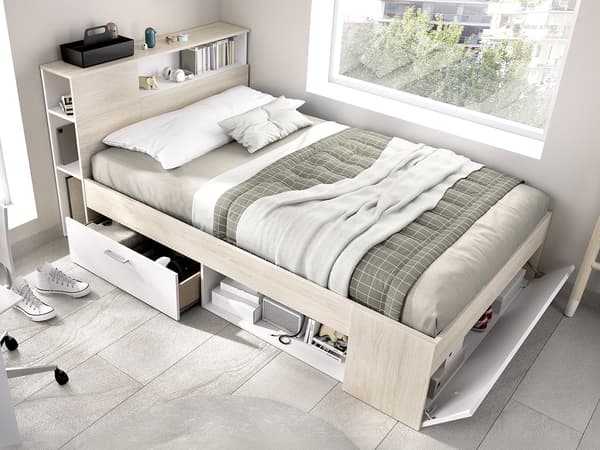 Vente-unique - Förvaringssäng 120 x 190 cm vit och natur LEANDRE