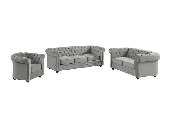 Vente-unique - 3-sits 2-sitssoffa och en fåtölj i ljusgrått sammet CHESTERFIELD
