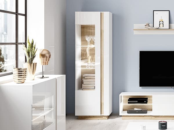 Vente-unique - Vittrineskåp med dörr i vit blank ek med LED-belysning MURARI