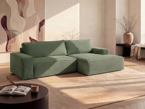 Vente-unique - Högervänd bäddsoffa i mandelgrön manchester AMELIA