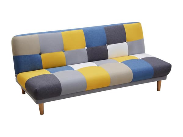 Vente-unique - MARDAG 3-sits klick-klack bäddsoffa i tyg - Grå, blå, gul patchwork