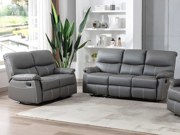 Vente-unique - 3-sits och 2-sits reclinersoffor i grå läderimitation CANBY