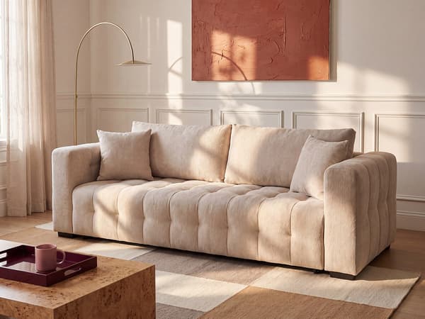 Vente-unique - 3-sits bäddsoffa i beige texturerat tyg PANILO
