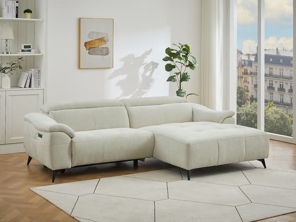 Vente-unique - Högervänd elektrisk relax-hörnsoffa i beige texturerat tyg CLIMOTA