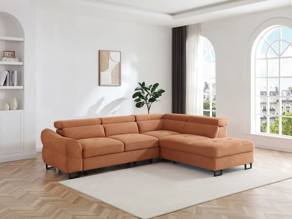 Vente-unique - Höger bäddsoffa med hörn i texturerat tyg i terracotta VAVERDO