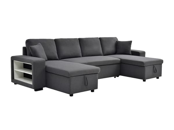 Vente-unique - Panorama-bäddsoffa med förvaring och sittpuffar i antracitgrått tyg SELIM