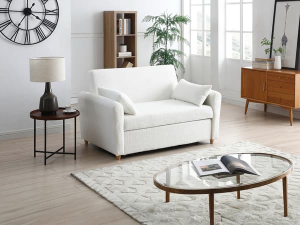 Vente-unique - 2-sits bäddsoffa i vit bouclé-tyg AYLA