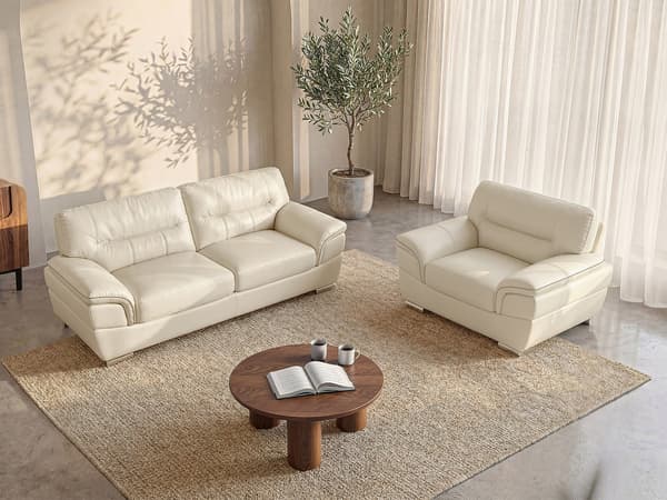 Vente-unique - THIBAULT 3-sits lädersoffa och läderfåtölj - Elfenbensvit