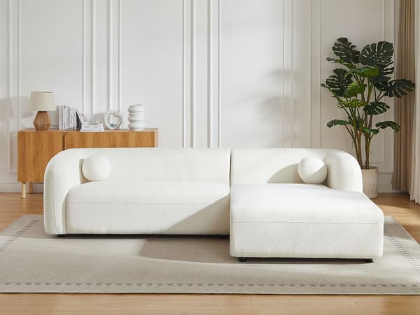 Vente-unique - Höger L-soffa i elfenbensvit bouclé-tyg OVOTAS