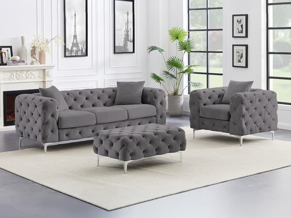 Vente-unique - 3-sits soffa, fåtölj och fotpall i mörkgrå sammet EDWINA