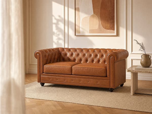 Vente-unique - CHESTERFIELD 2-sitssoffa i kamelfärgat nötskinn