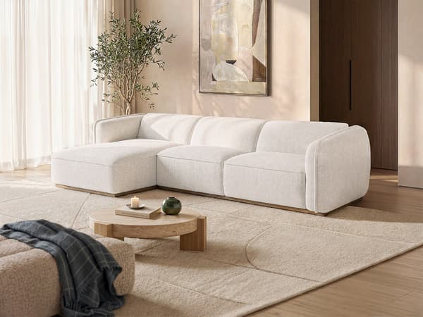 Vente-unique - Vänstervänd hörnsoffa i beige chenilletyg och träbas CANOBRU